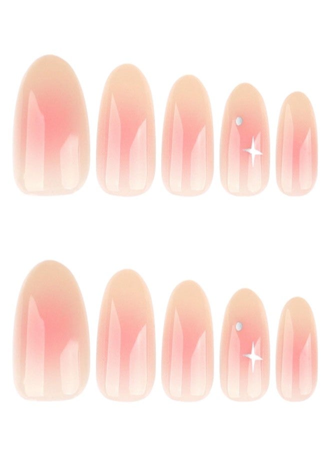 YoYoee 24Pes Short Almond Press on Nails - Nude Fake Nails Gradient False Nails Glossy Full Cover Nails Tips for Women - Image 3